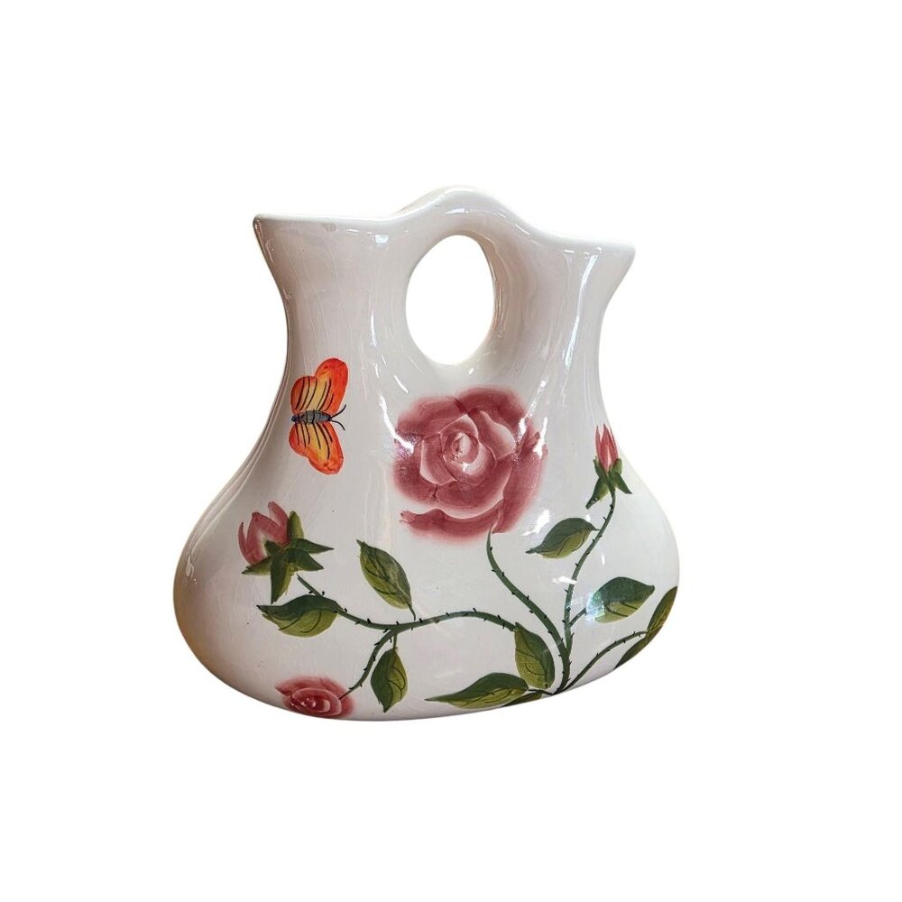 Hand-Painted Ceramic Vase With Roses & Butterfly Design